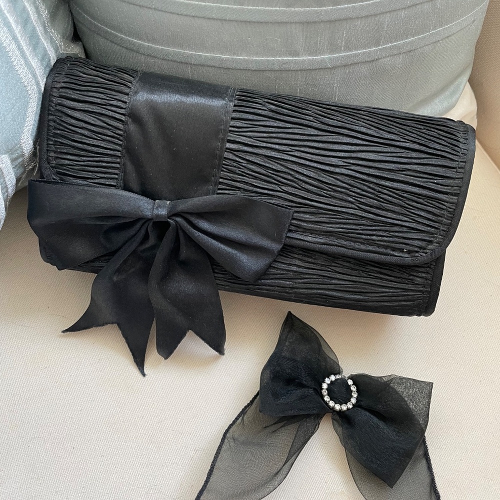 PRICE DROP! Beautiful Black Evening Clutch Purse with Satin Ribbon Trim
